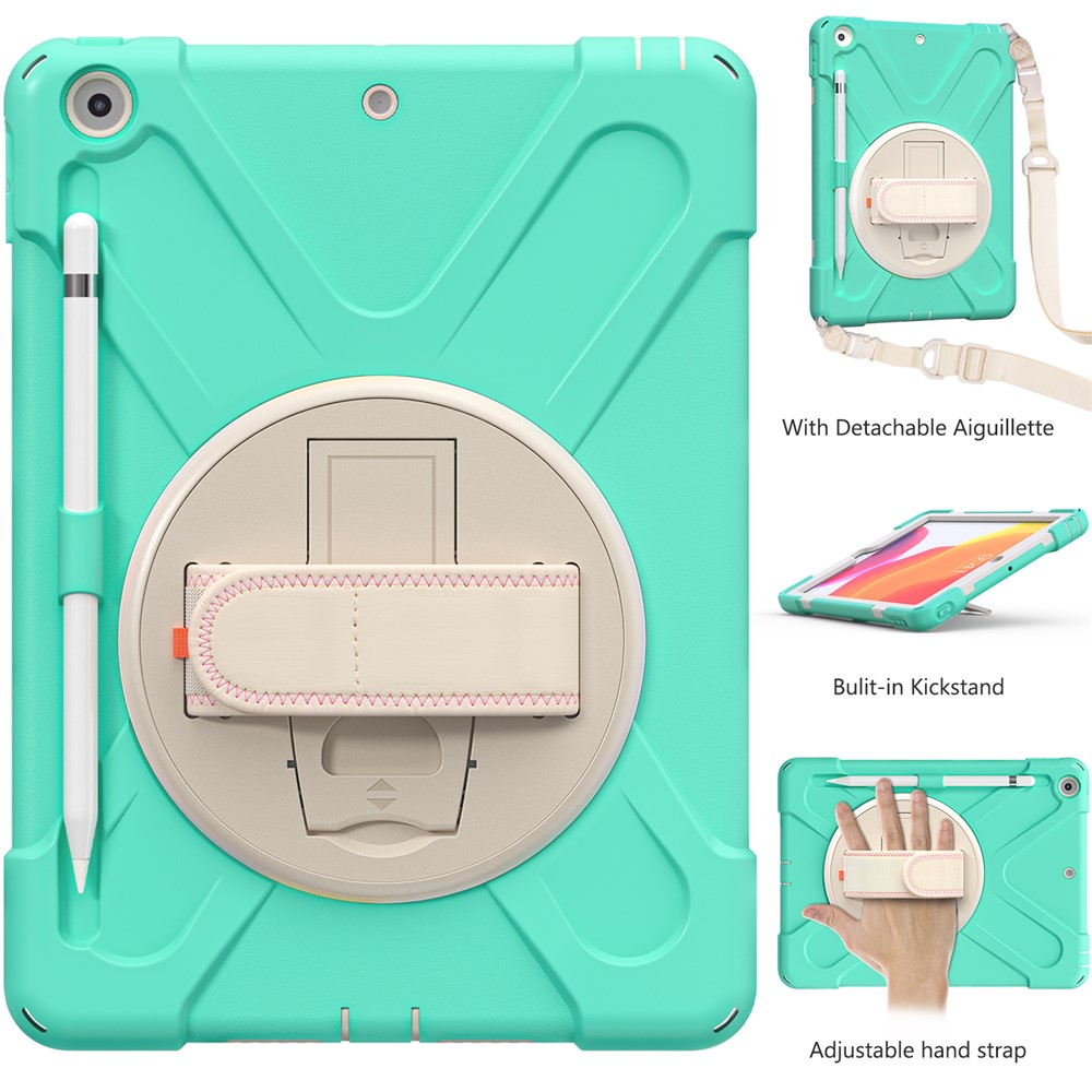 Shockproof Hybrid Tablet Case Cover + Strap + Rotary Kickstand Design with Pen Slot for iPad 10.2 2020/2019 - Mint Green-2