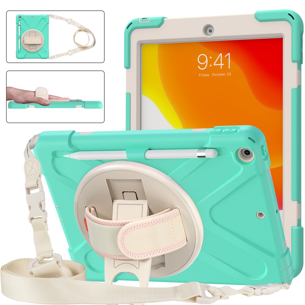Shockproof Hybrid Tablet Case Cover + Strap + Rotary Kickstand Design with Pen Slot for iPad 10.2 2020/2019 - Mint Green-3