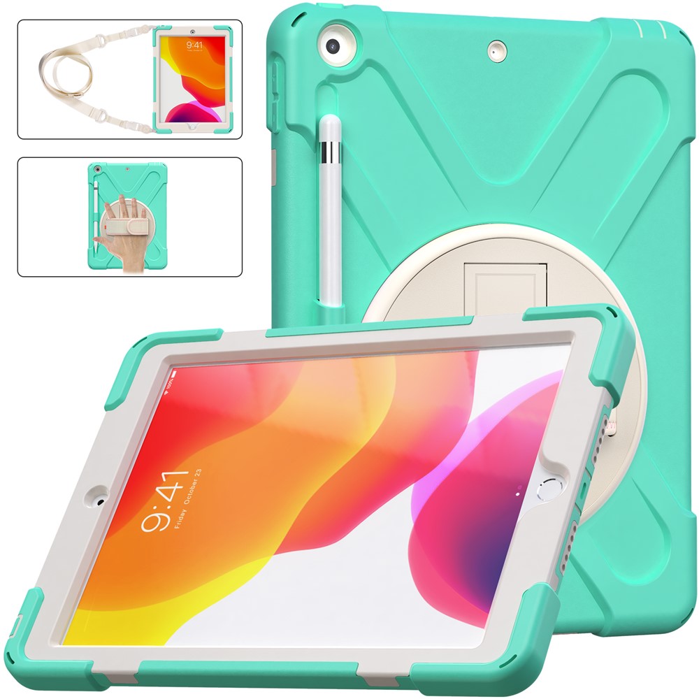Shockproof Hybrid Tablet Case Cover + Strap + Rotary Kickstand Design with Pen Slot for iPad 10.2 2020/2019 - Mint Green-4