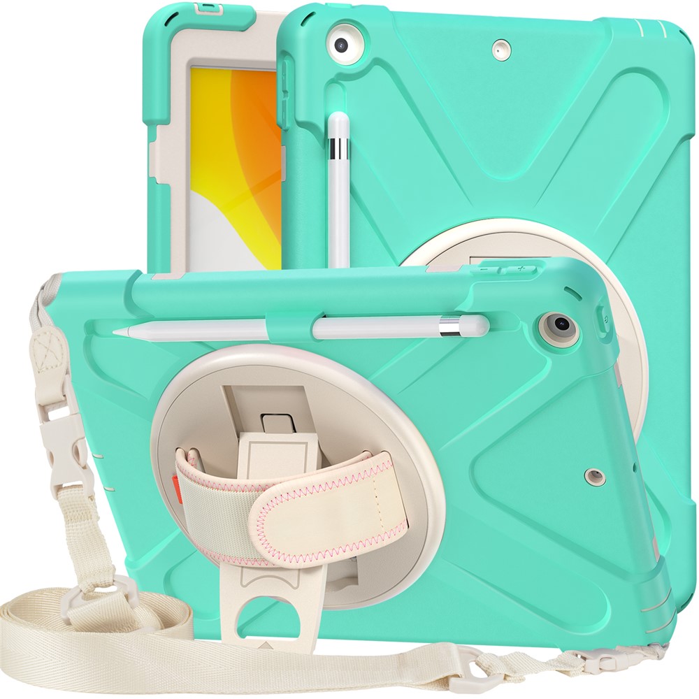 Shockproof Hybrid Tablet Case Cover + Strap + Rotary Kickstand Design with Pen Slot for iPad 10.2 2020/2019 - Mint Green-5