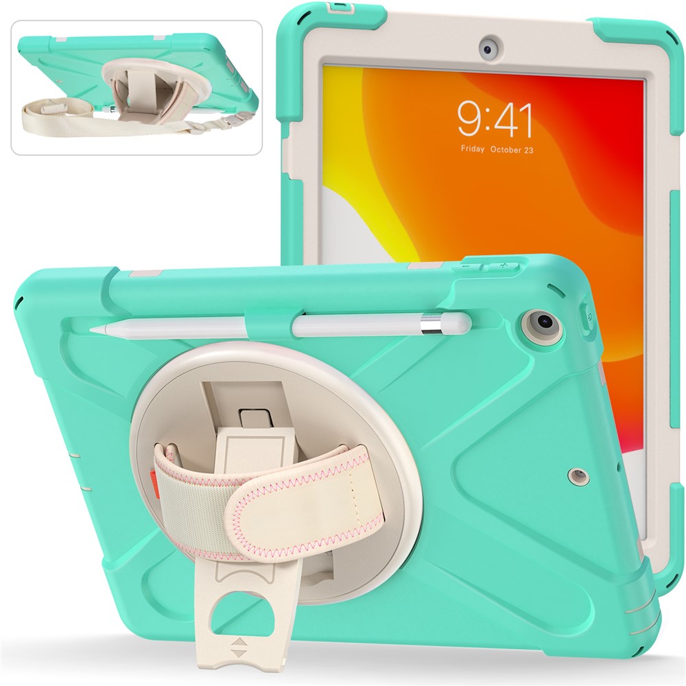 Shockproof Hybrid Tablet Case Cover + Strap + Rotary Kickstand Design with Pen Slot for iPad 10.2 2020/2019 - Mint Green-8