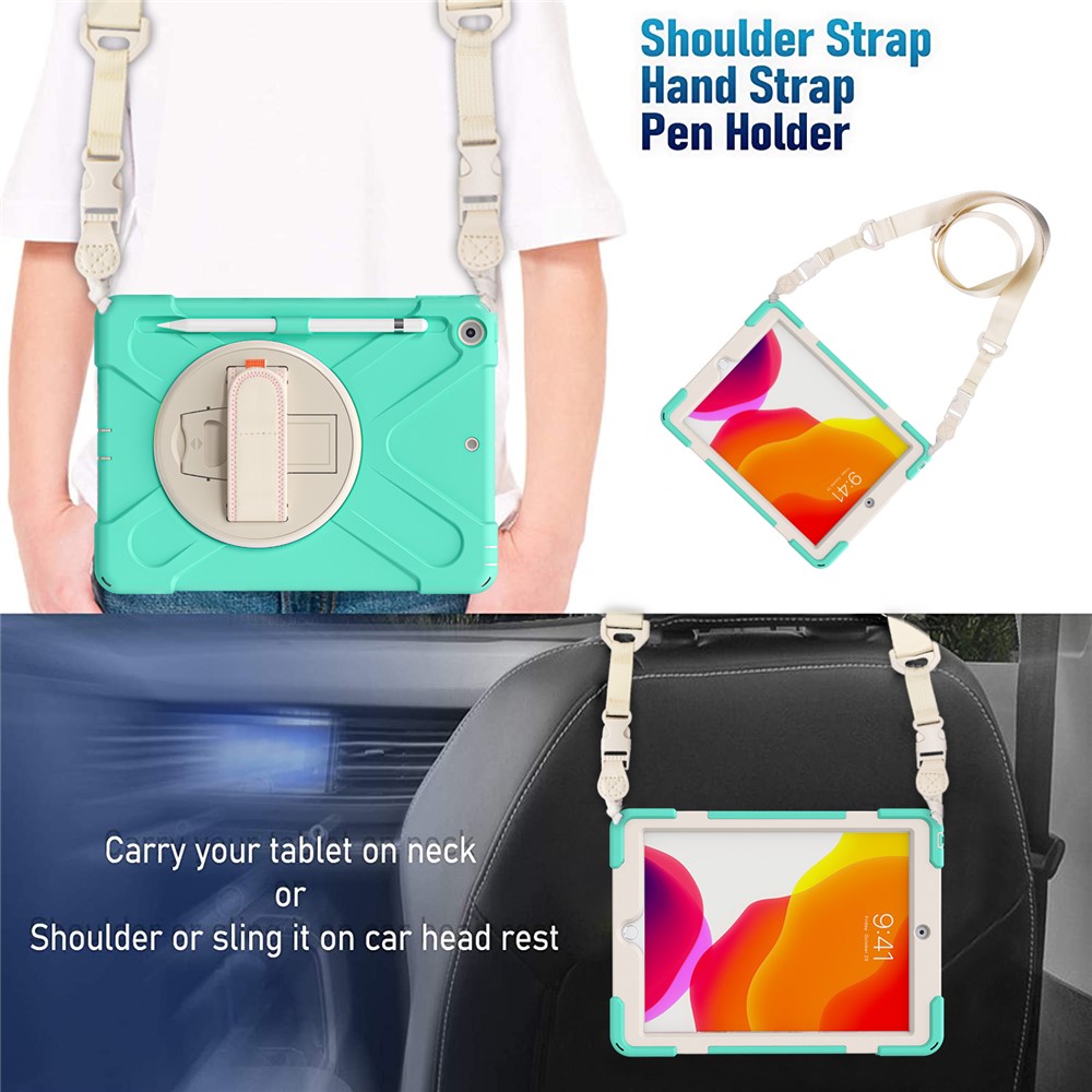 Shockproof Hybrid Tablet Case Cover + Strap + Rotary Kickstand Design with Pen Slot for iPad 10.2 2020/2019 - Mint Green-9