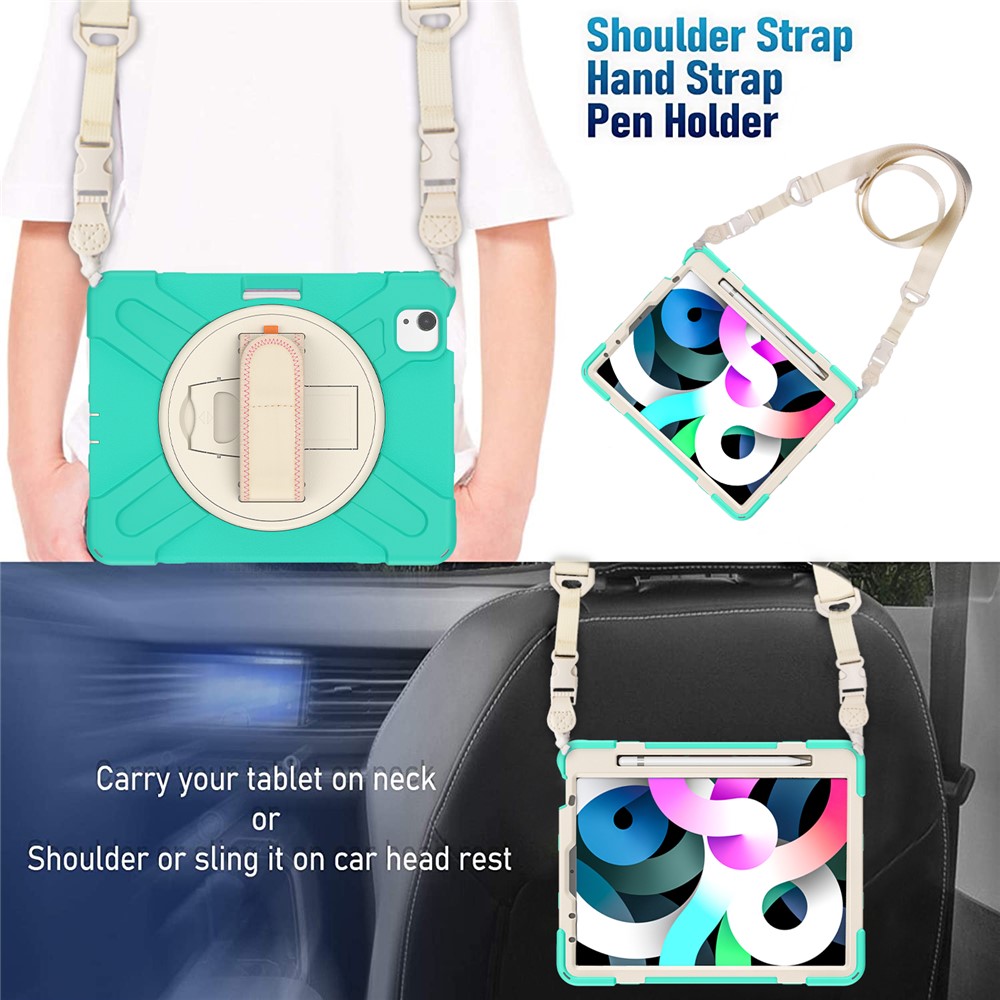 Anti-Fall Hybrid Tablet Case Shell Hand Band Kickstand with Pen Slot Shoulder Strap for iPad Air (2020)/Pro 11 2018/2020/2021 - Mint Green-10