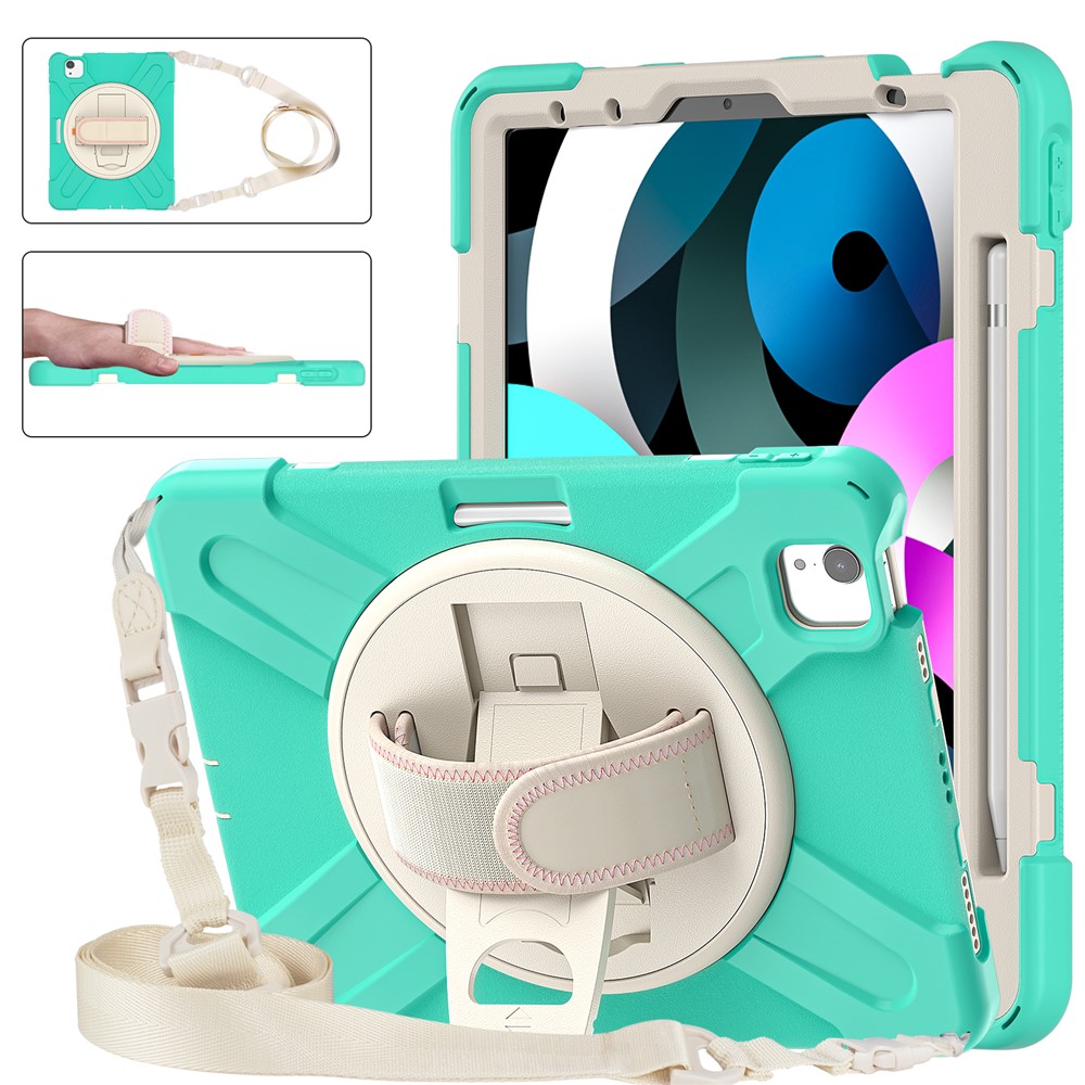 Anti-Fall Hybrid Tablet Case Shell Hand Band Kickstand with Pen Slot Shoulder Strap for iPad Air (2020)/Pro 11 2018/2020/2021 - Mint Green-3