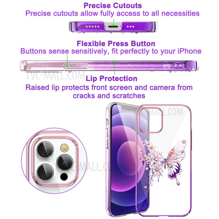 KINGXBAR Butterfly Series Luxury Authorized Swarovski Crystals Clear PC Hard Cover for iPhone 12 Pro Max 6.7 inch - Purple-4