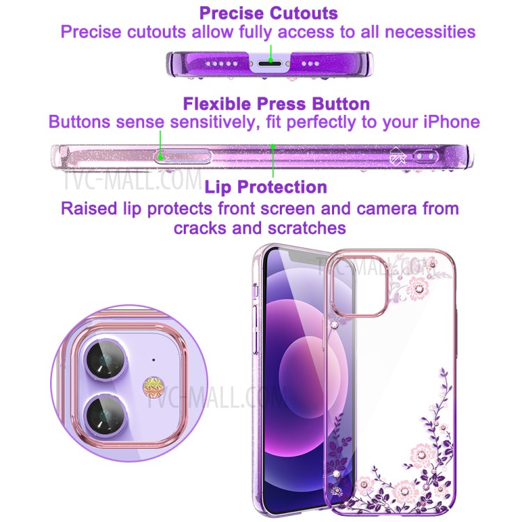 KINGXBAR Flora Series Luxury Authorized Swarovski Crystals Plated PC Phone Cover for iPhone 12 Pro/12 - Purple-4