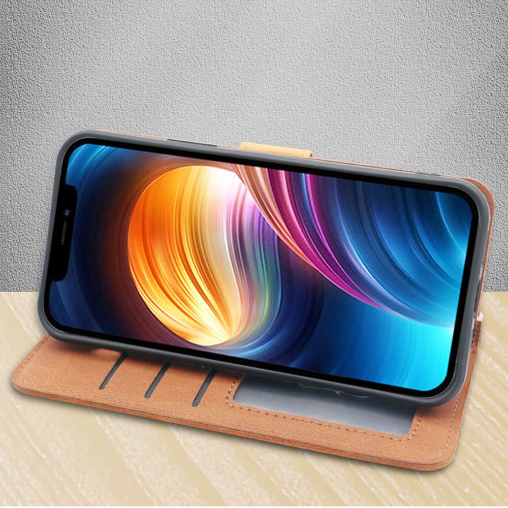 Skin-Friendly Suture Leather Phone Case Wallet Stand Cover Shell for iPhone 12 Pro Max - Brown-2