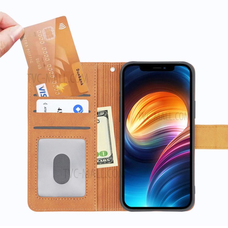 Skin-Friendly Suture Wallet Stand Design Dustproof Leather Phone Case Shell for iPhone 12/12 Pro - Brown-3