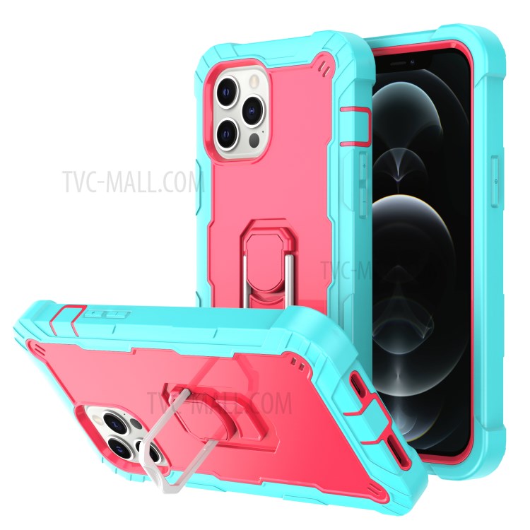 Shockproof Dual Color Hybrid Phone Case with Built-in Kickstand Design for iPhone 12 Pro Max - Aqua/Rose Red-1
