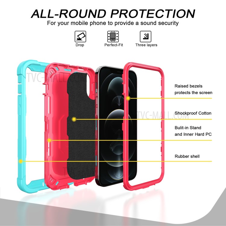 Shockproof Dual Color Hybrid Phone Case with Built-in Kickstand Design for iPhone 12 Pro Max - Aqua/Rose Red-2