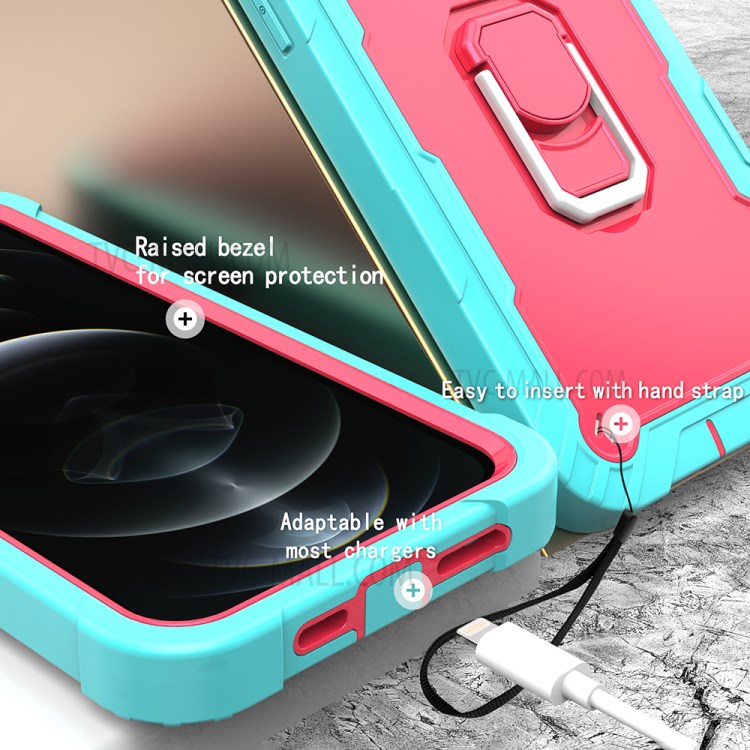 Shockproof Dual Color Hybrid Phone Case with Built-in Kickstand Design for iPhone 12 Pro Max - Aqua/Rose Red-3