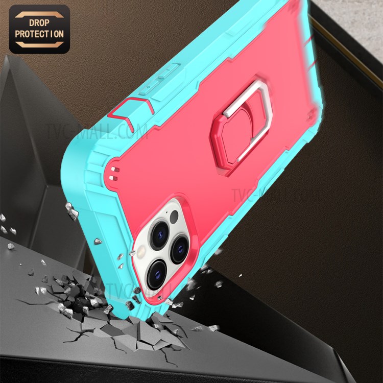 Shockproof Dual Color Hybrid Phone Case with Built-in Kickstand Design for iPhone 12 Pro Max - Aqua/Rose Red-5