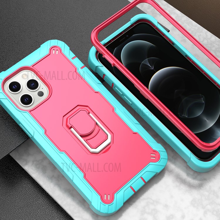 Shockproof Dual Color Hybrid Phone Case with Built-in Kickstand Design for iPhone 12 Pro Max - Aqua/Rose Red-6