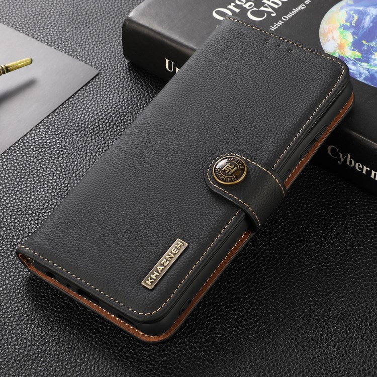 KHAZNEH Genuine Leather Full Coverage Phone Shell Case with RFID Anti-theft Swiping Design for iPhone 12/12 Pro - Black-4