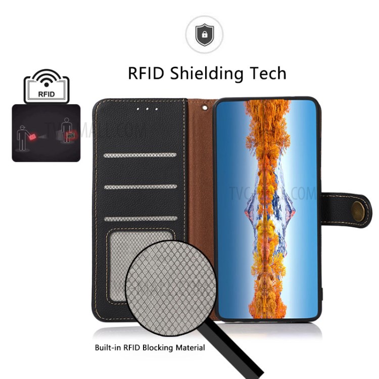KHAZNEH Genuine Leather Full Coverage Phone Shell Case with RFID Anti-theft Swiping Design for iPhone 12/12 Pro - Black-9