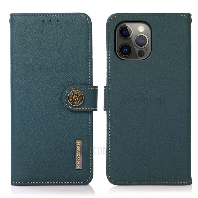 KHAZNEH Anti-theft Swiping Genuine Leather Phone Shell Case with RFID Design for iPhone 12 Pro Max - Green-1