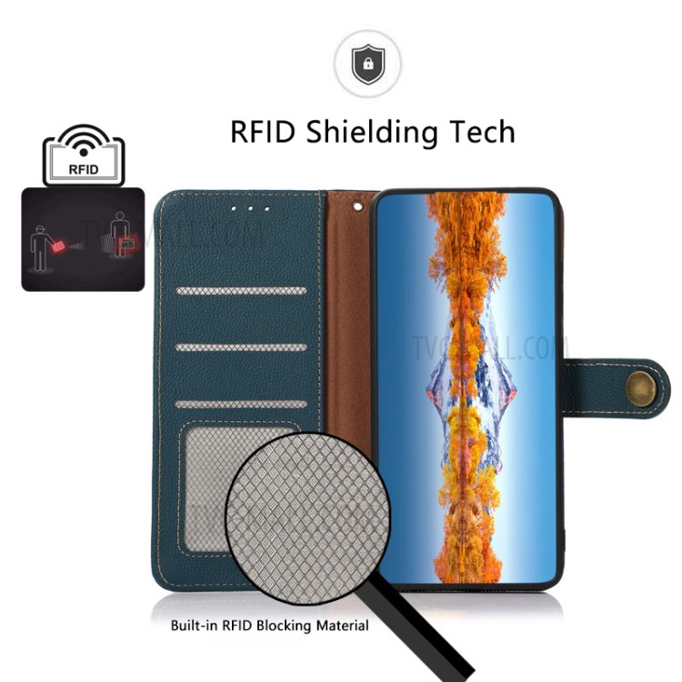 KHAZNEH Anti-theft Swiping Genuine Leather Phone Shell Case with RFID Design for iPhone 12 Pro Max - Green-10