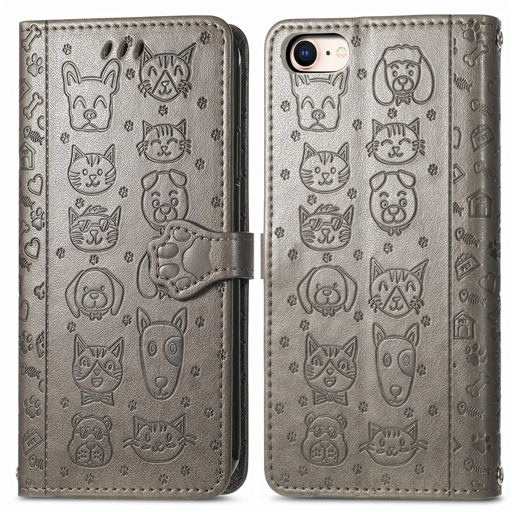 Magnetic Leather Stand Case with Imprinting Cat Dog Pattern for iPhone SE (2nd Generation)/8/7/6 - Grey-1