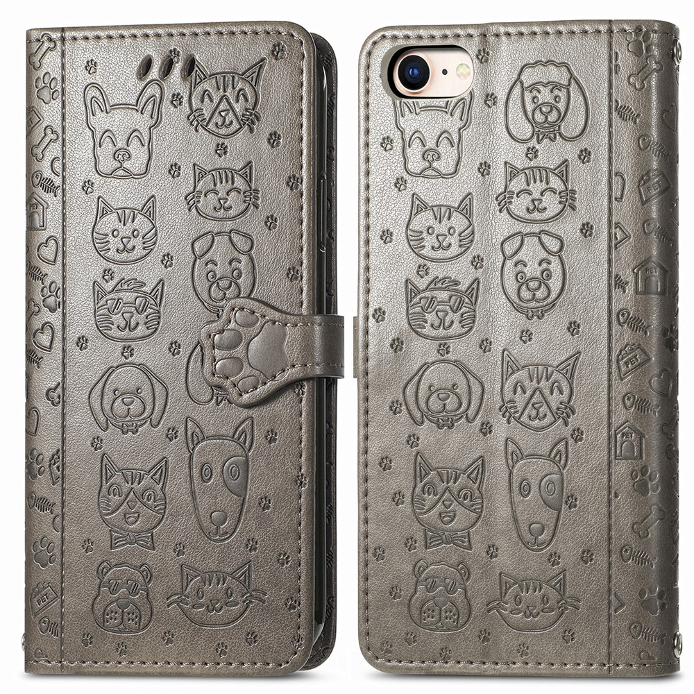 case de cuero magnético con un patrón de perros de gato impreso para iphone 7 4.7 pulgadas/8 4.7 pulgadas/se (2020)/se (2022)/6 - gris