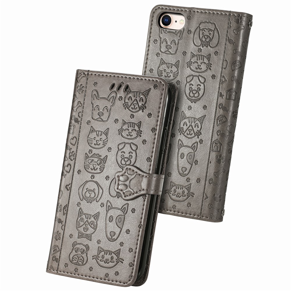 Magnetic Leather Stand Case with Imprinting Cat Dog Pattern for iPhone SE (2nd Generation)/8/7/6 - Grey-11
