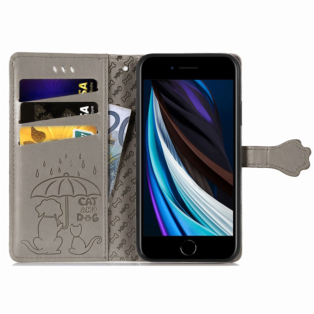 Magnetic Leather Stand Case with Imprinting Cat Dog Pattern for iPhone SE (2nd Generation)/8/7/6 - Grey-3