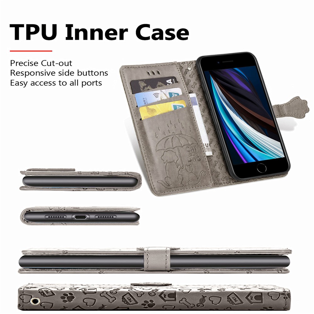 Magnetic Leather Stand Case with Imprinting Cat Dog Pattern for iPhone SE (2nd Generation)/8/7/6 - Grey-7