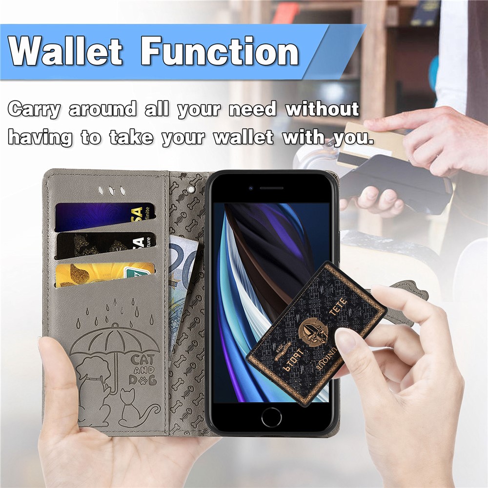 Magnetic Leather Stand Case with Imprinting Cat Dog Pattern for iPhone SE (2nd Generation)/8/7/6 - Grey-9