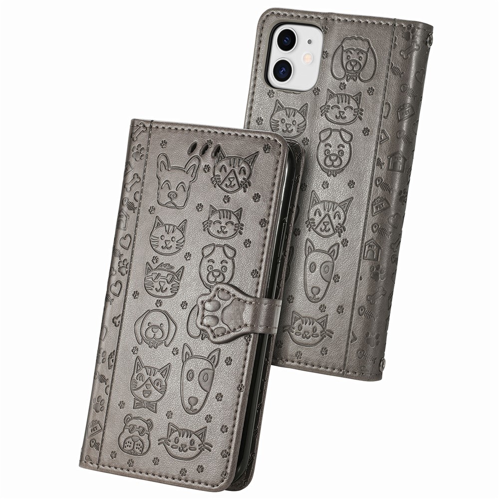 Imprinting Cat Dog Pattern Design Magnetic Leather Stand Case for iPhone 11 6.1-inch - Grey-10