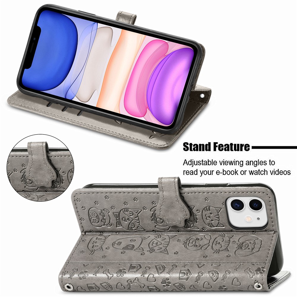 Imprinting Cat Dog Pattern Design Magnetic Leather Stand Case for iPhone 11 6.1-inch - Grey-3