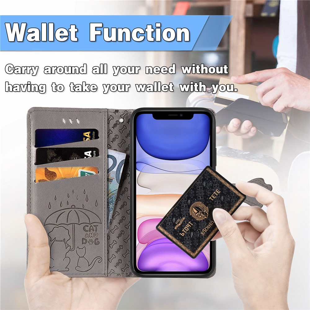 Imprinting Cat Dog Pattern Design Magnetic Leather Stand Case for iPhone 11 6.1-inch - Grey-8