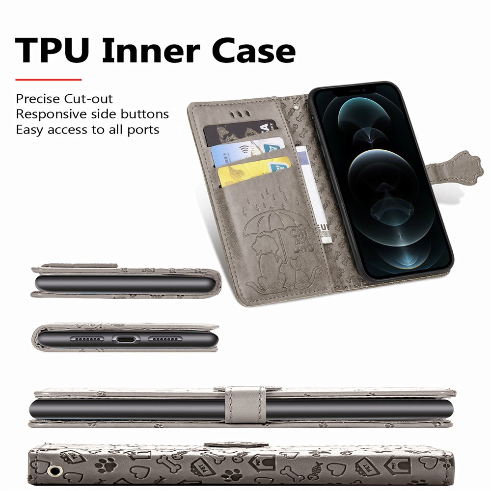 Imprinting Cat Dog Pattern Design Magnetic Leather Stand Cover Case for iPhone 12 Pro / iPhone 12 - Grey-7