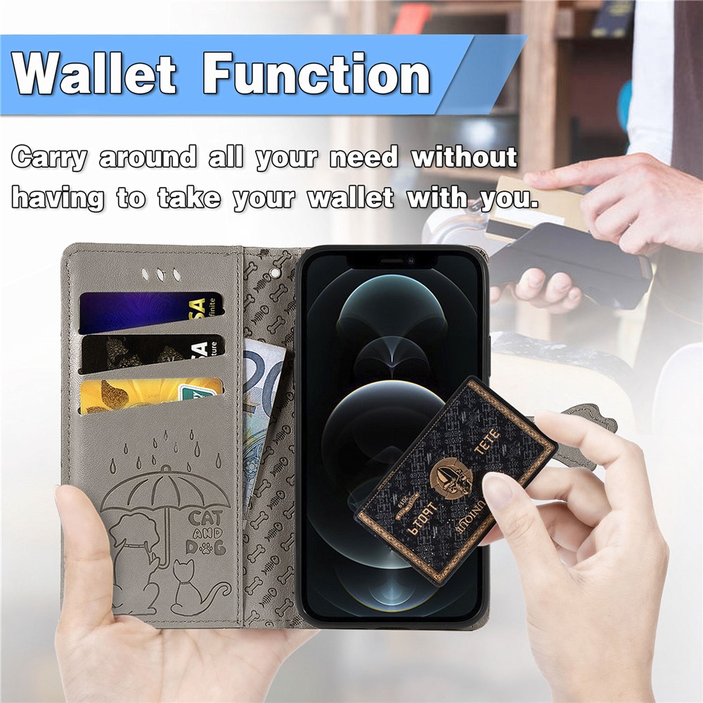Imprinting Cat Dog Pattern Design Magnetic Leather Stand Cover Case for iPhone 12 Pro / iPhone 12 - Grey-9