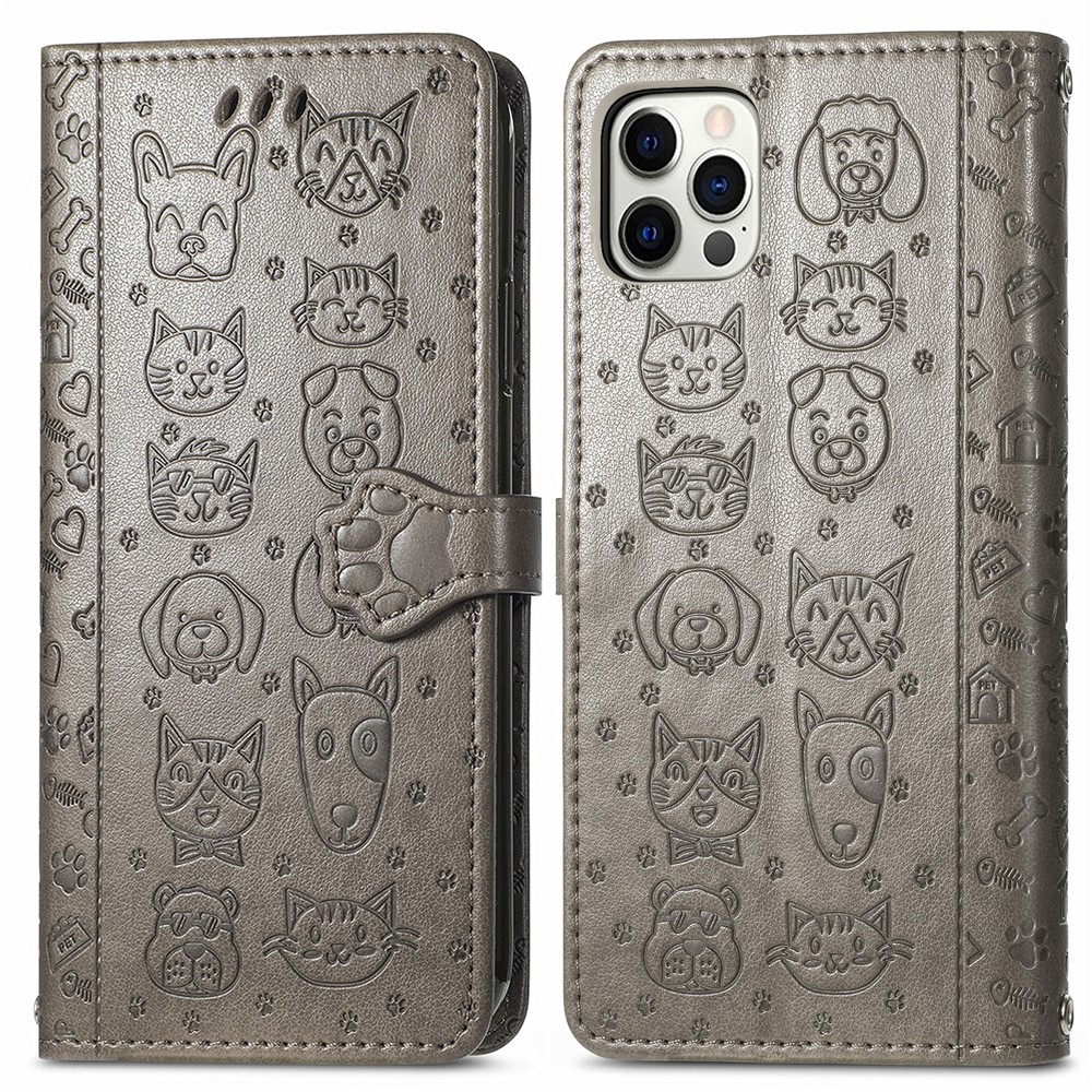 Imprinting Cat Dog Pattern PU Leather Stand Cover Case for iPhone 12 Pro Max - Grey-1