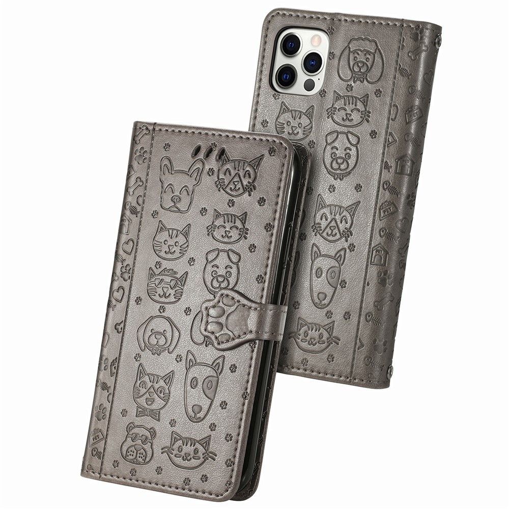 Imprinting Cat Dog Pattern PU Leather Stand Cover Case for iPhone 12 Pro Max - Grey-11