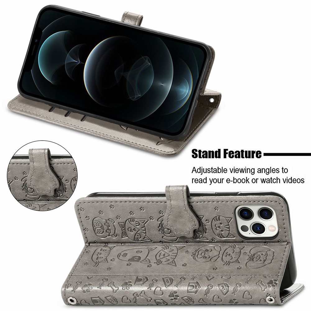 Imprinting Cat Dog Pattern PU Leather Stand Cover Case for iPhone 12 Pro Max - Grey-4