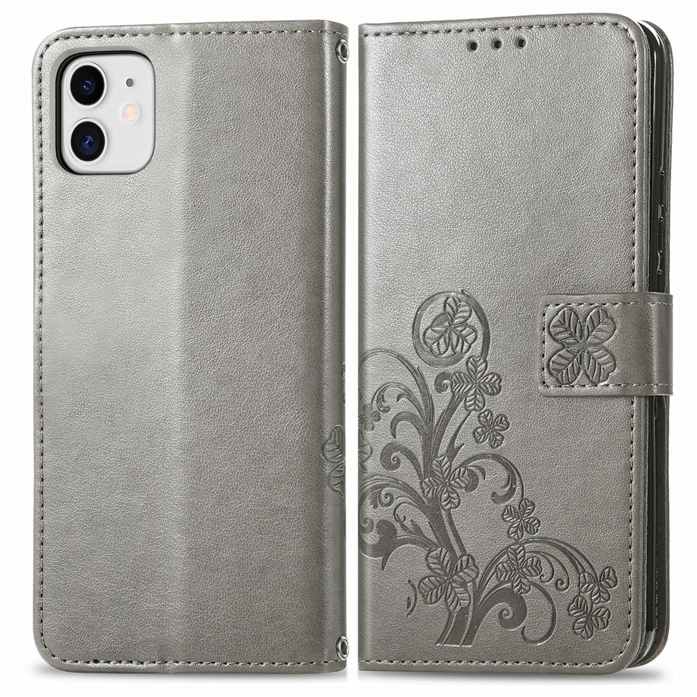 Wallet Design Clover Pattern Imprinting Leather Stand Case for iPhone 12 mini - Grey-1