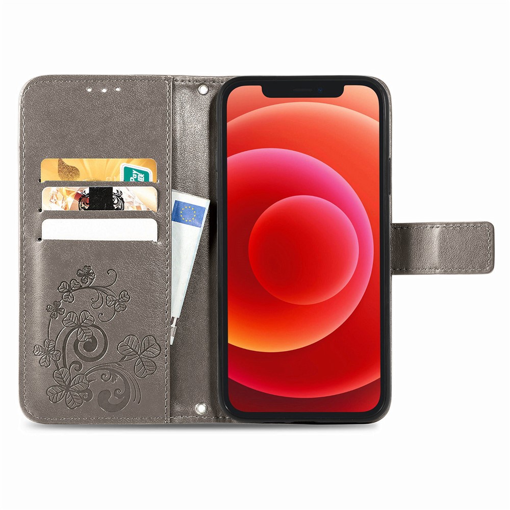 Wallet Design Clover Pattern Imprinting Leather Stand Case for iPhone 12 mini - Grey-12