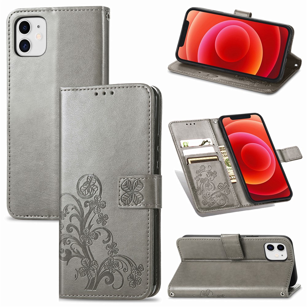 Wallet Design Clover Pattern Imprinting Leather Stand Case for iPhone 12 mini - Grey-13