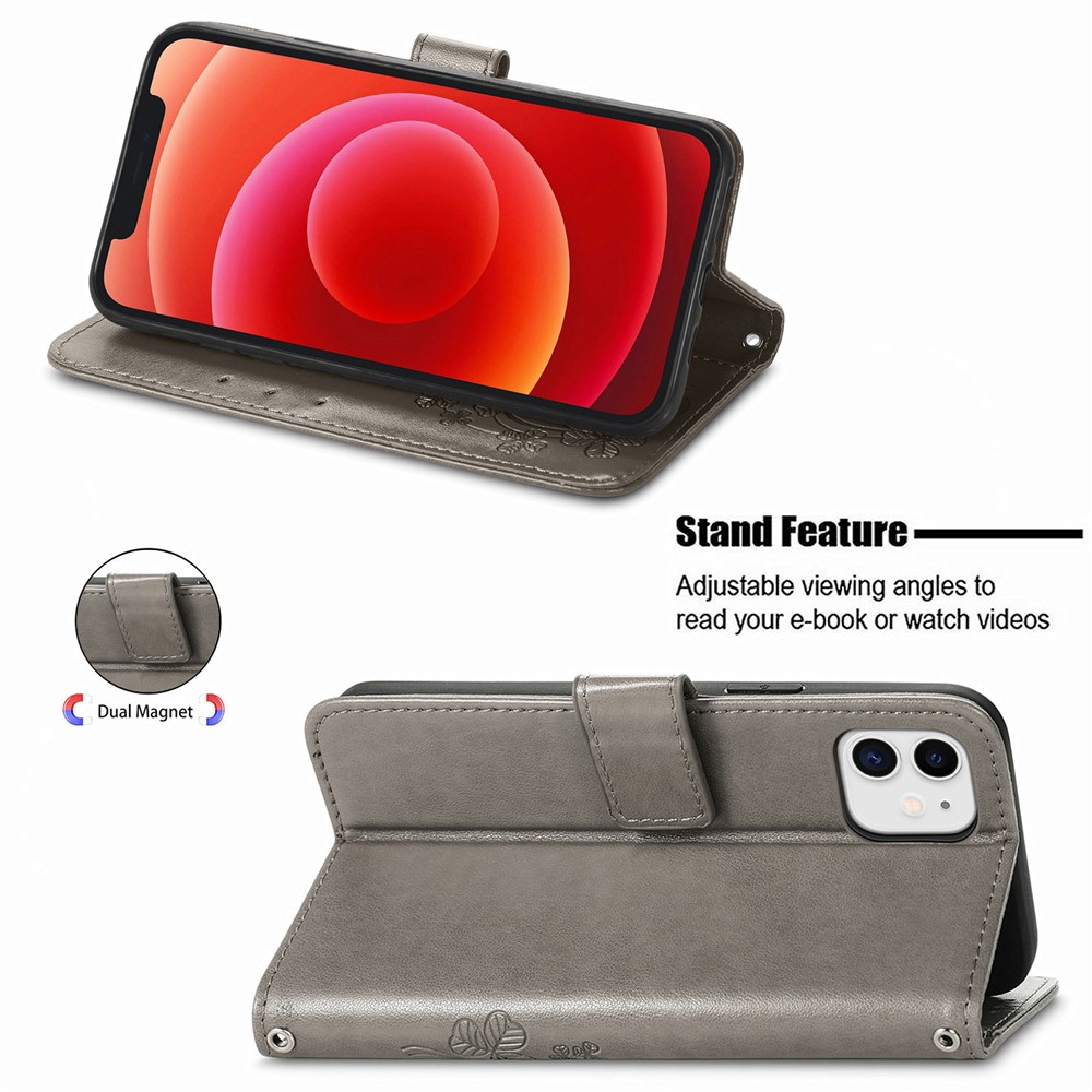 Wallet Design Clover Pattern Imprinting Leather Stand Case for iPhone 12 mini - Grey-2