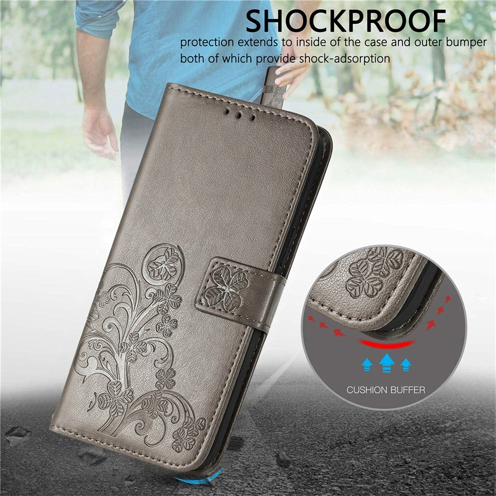 Wallet Design Clover Pattern Imprinting Leather Stand Case for iPhone 12 mini - Grey-3