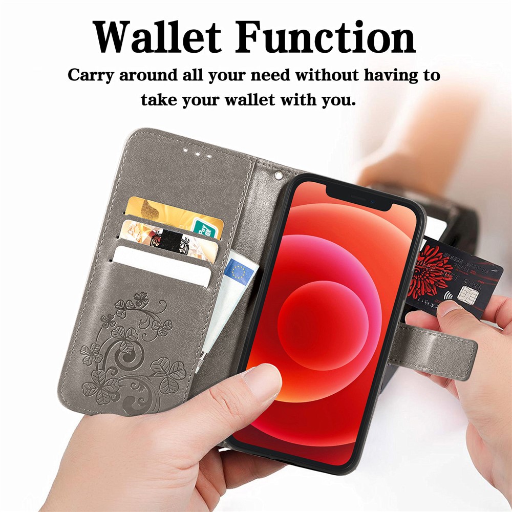 Wallet Design Clover Pattern Imprinting Leather Stand Case for iPhone 12 mini - Grey-4