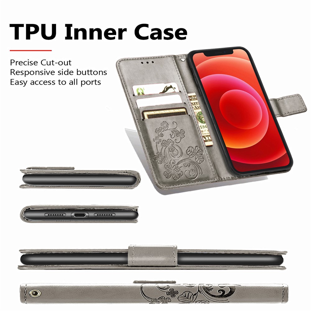 Wallet Design Clover Pattern Imprinting Leather Stand Case for iPhone 12 mini - Grey-5