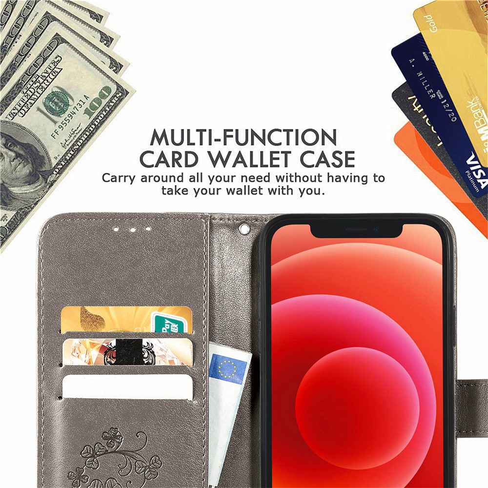 Wallet Design Clover Pattern Imprinting Leather Stand Case for iPhone 12 mini - Grey-7