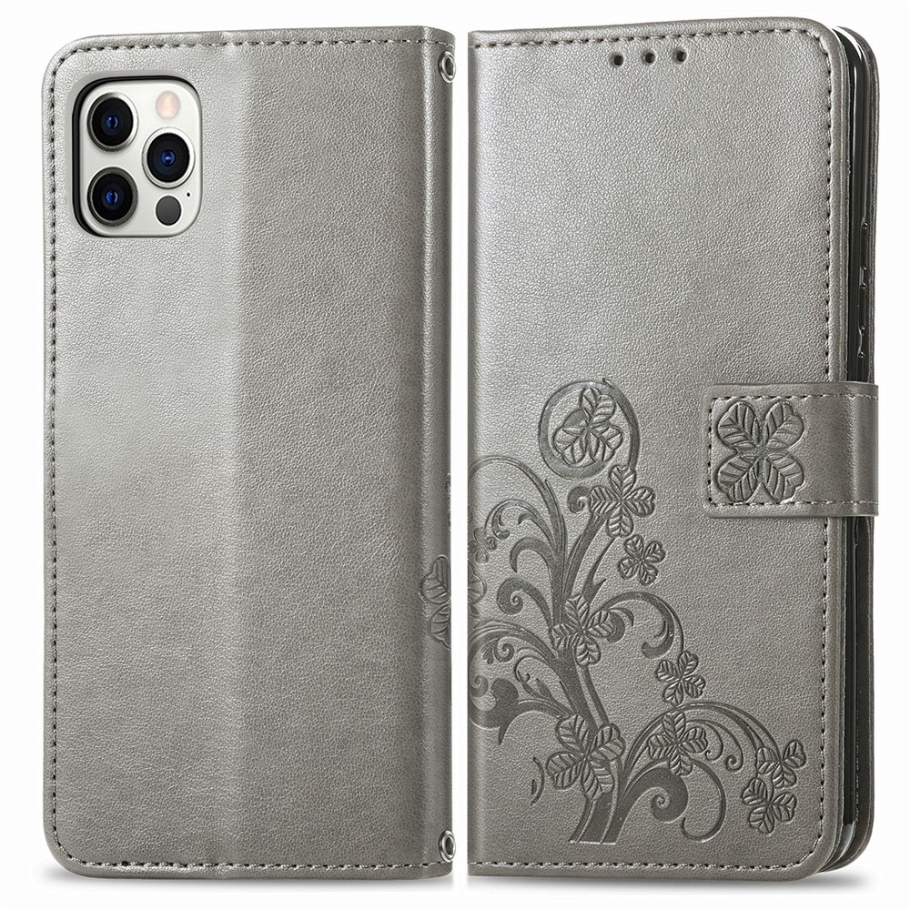 Wallet Stand Design Clover Pattern Imprinting Leather Case for iPhone 12 Pro Max - Grey-1