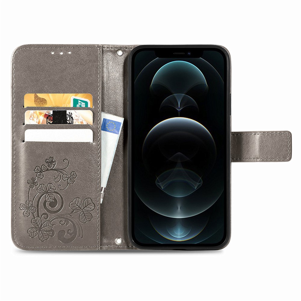 Wallet Stand Design Clover Pattern Imprinting Leather Case for iPhone 12 Pro Max - Grey-12