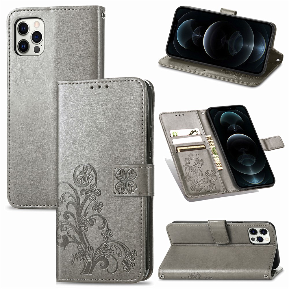 Wallet Stand Design Clover Pattern Imprinting Leather Case for iPhone 12 Pro Max - Grey-13
