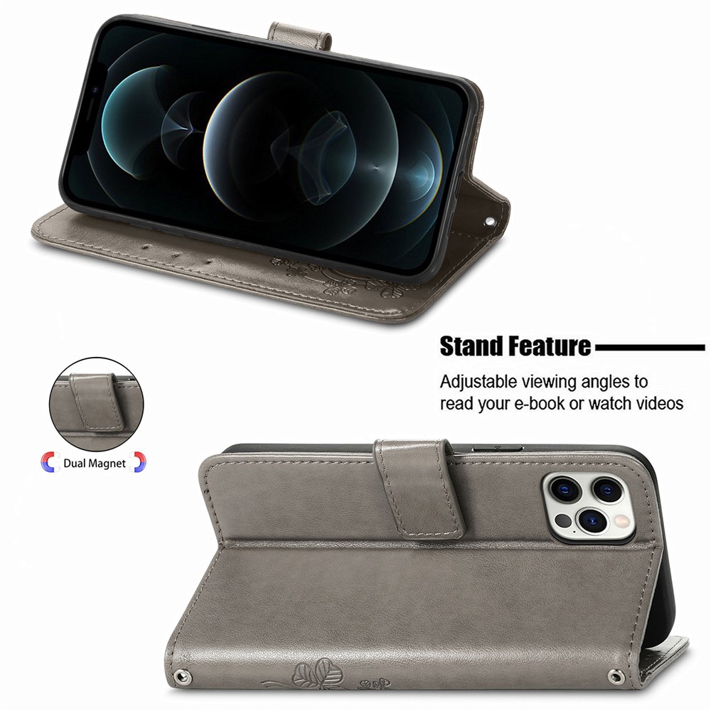 Wallet Stand Design Clover Pattern Imprinting Leather Case for iPhone 12 Pro Max - Grey-2