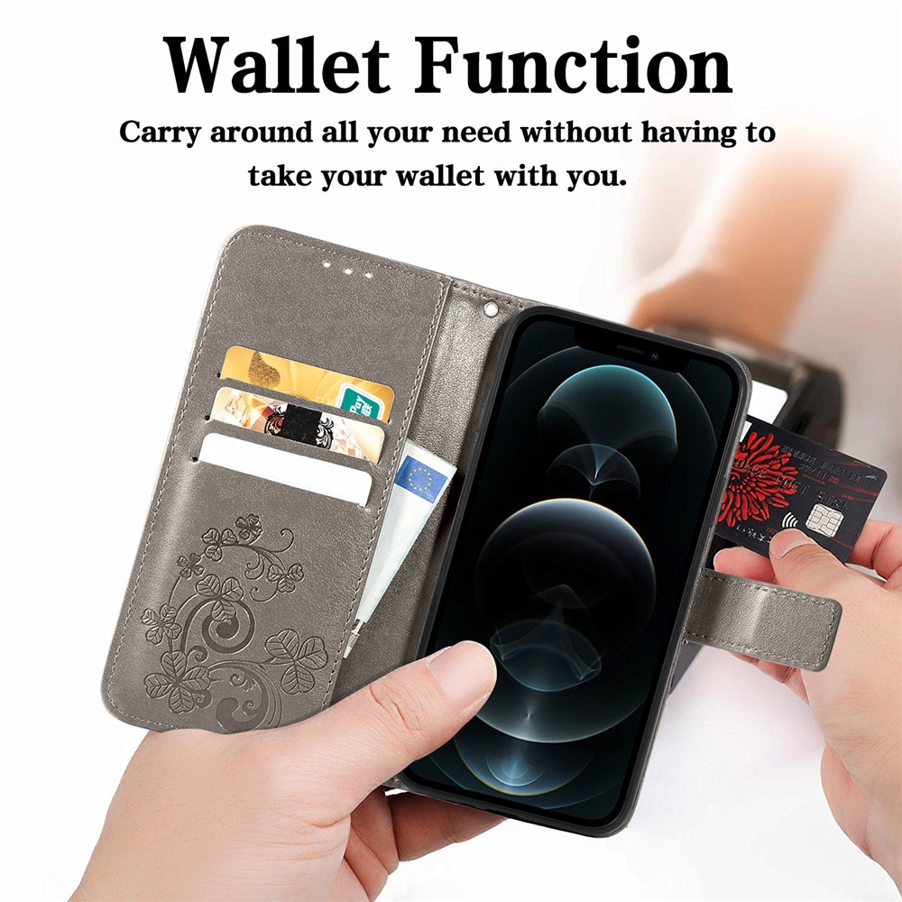 Wallet Stand Design Clover Pattern Imprinting Leather Case for iPhone 12 Pro Max - Grey-4