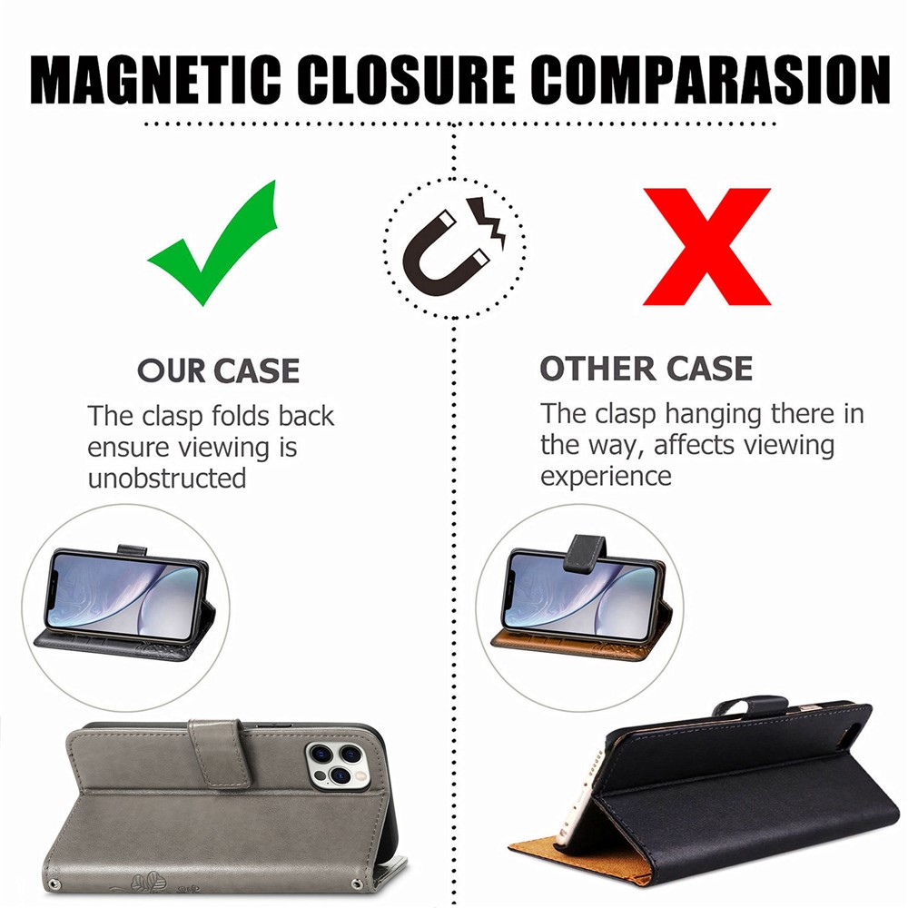 Wallet Stand Design Clover Pattern Imprinting Leather Case for iPhone 12 Pro Max - Grey-6