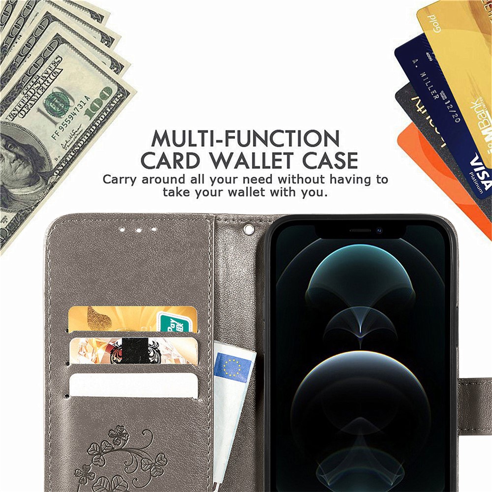Wallet Stand Design Clover Pattern Imprinting Leather Case for iPhone 12 Pro Max - Grey-7